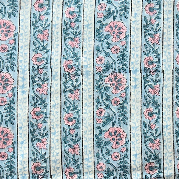 Pure Cotton Light Blue With Pink Flower Creeper  Hand Block Print Fabric