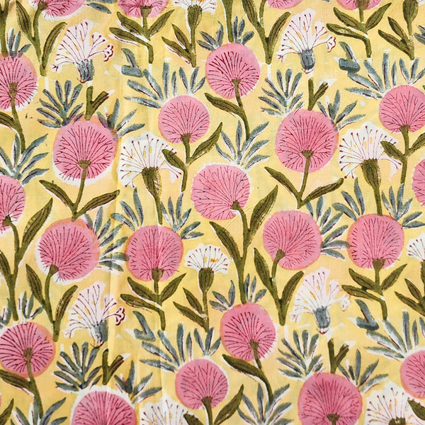 Pure Cotton Jaipuri Yellow With Pink Flower Creeper  Hand Block Print Fabric