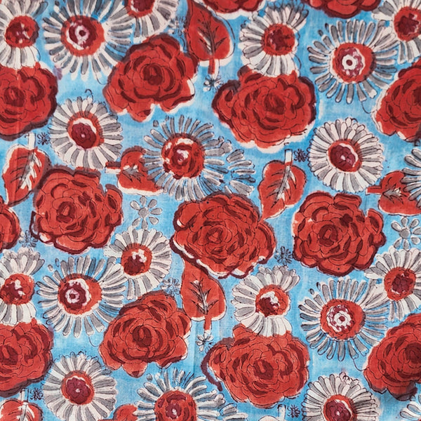 Pure Cotton Jaipuri Blue With Orange Flower Hand Block Print Fabric