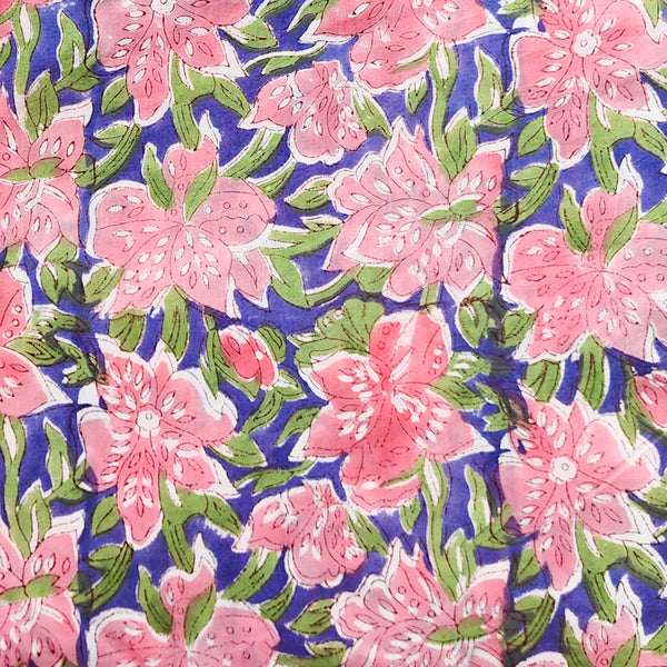 Pure Cotton Violet With Pink Floral Design Hand Block Print Fabric