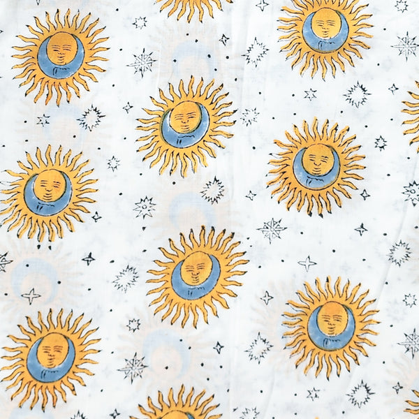 Pure Cotton White With Yellow Sun Motif  Hand Block Print Fabric