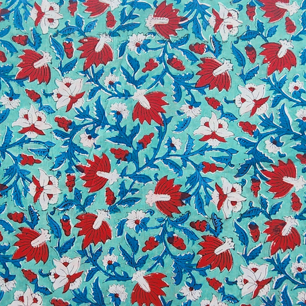 Pure Cotton Jaipuri Green With Red  Flower Jaal Hand Block Print Fabric