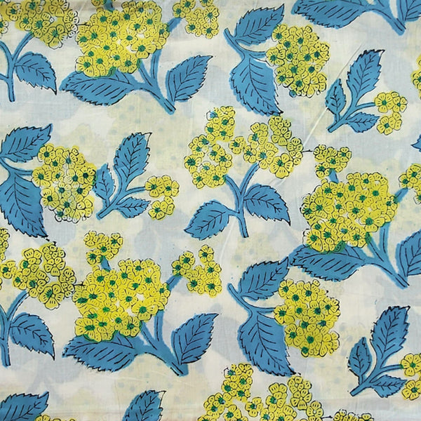 Pure Cotton Jaipuri White With Yellow Flower Hand Block Print Fabric