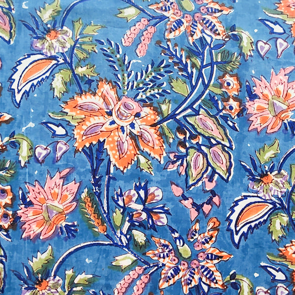 Pure Cotton Blue With Orange Big Flower Jaal Hand Block Print Fabric