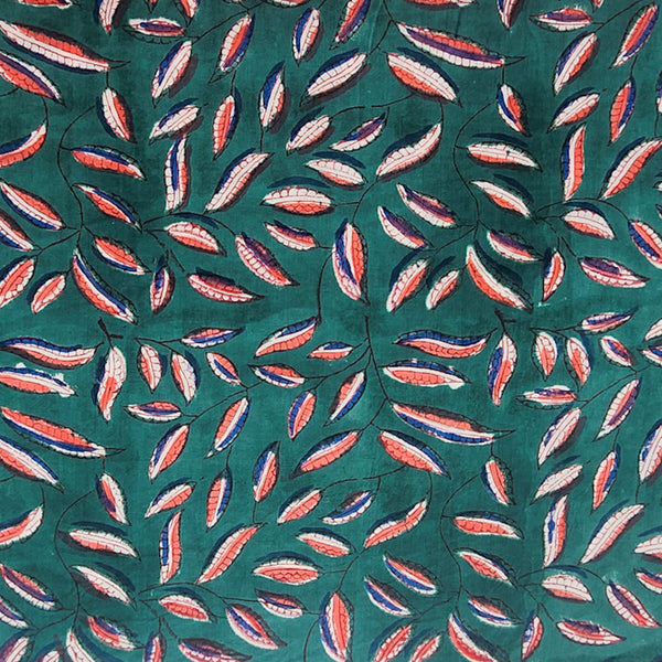 Pure Cotton Dark Green With Leaves Jaal Hand Block Print Fabric