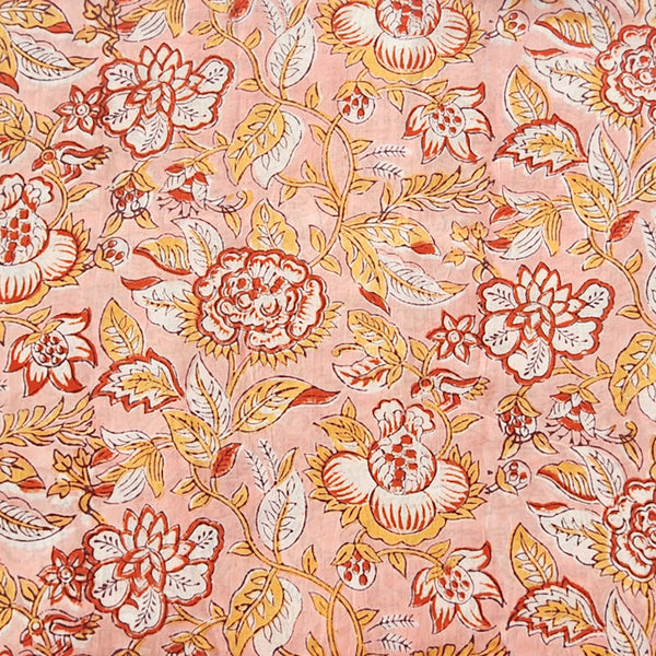 Pure Cotton Peach With Orange Flower Jaal Hand Block Print Fabric