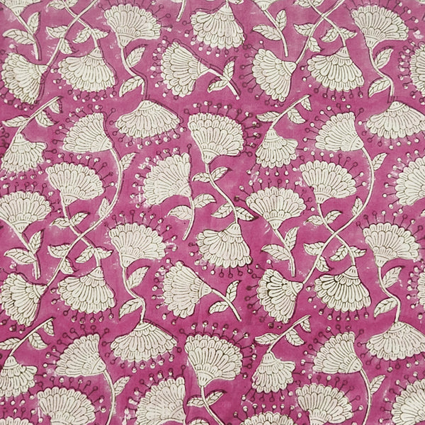 Pure Cotton Pink With White Flower Jaal Hand Block Print Fabric