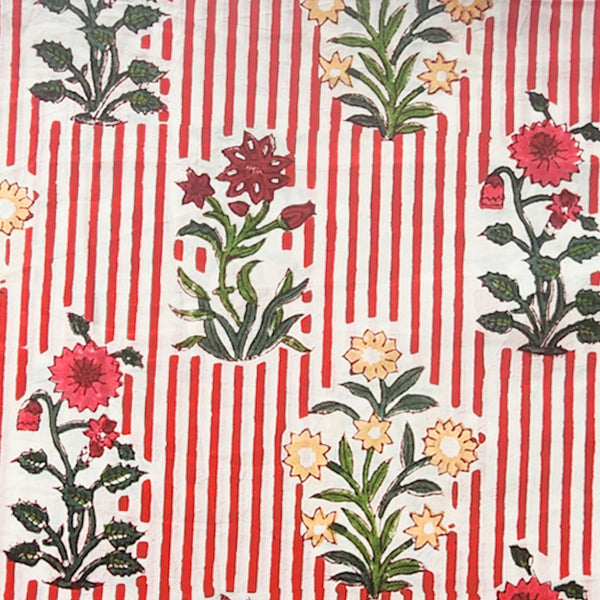 Pure Cotton Jaipuri White With Flower Motif And Stripes Hand Block Print Fabric