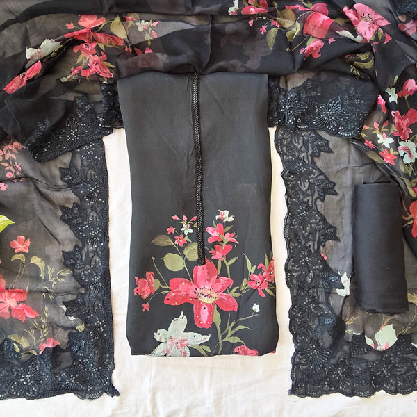 RIDHI- Muslin  With Black With Floral Design  Suit