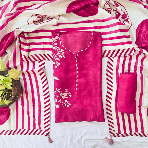 RIDHI-Muslin  Rani Pink With Off White Floral Design  Suit