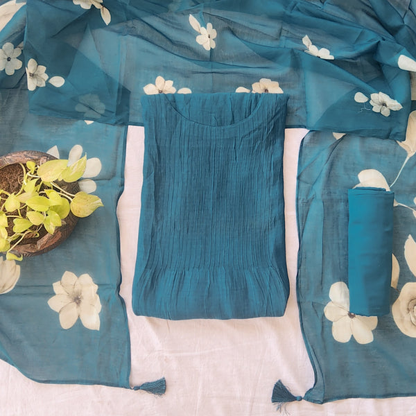 RIDHI- Mul Chanderi Teal Blue  With Floral Design Suit
