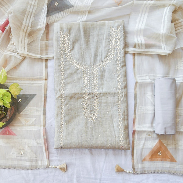RIDHI- Soft Jute  Beige With Mirror Work Yoke Suit