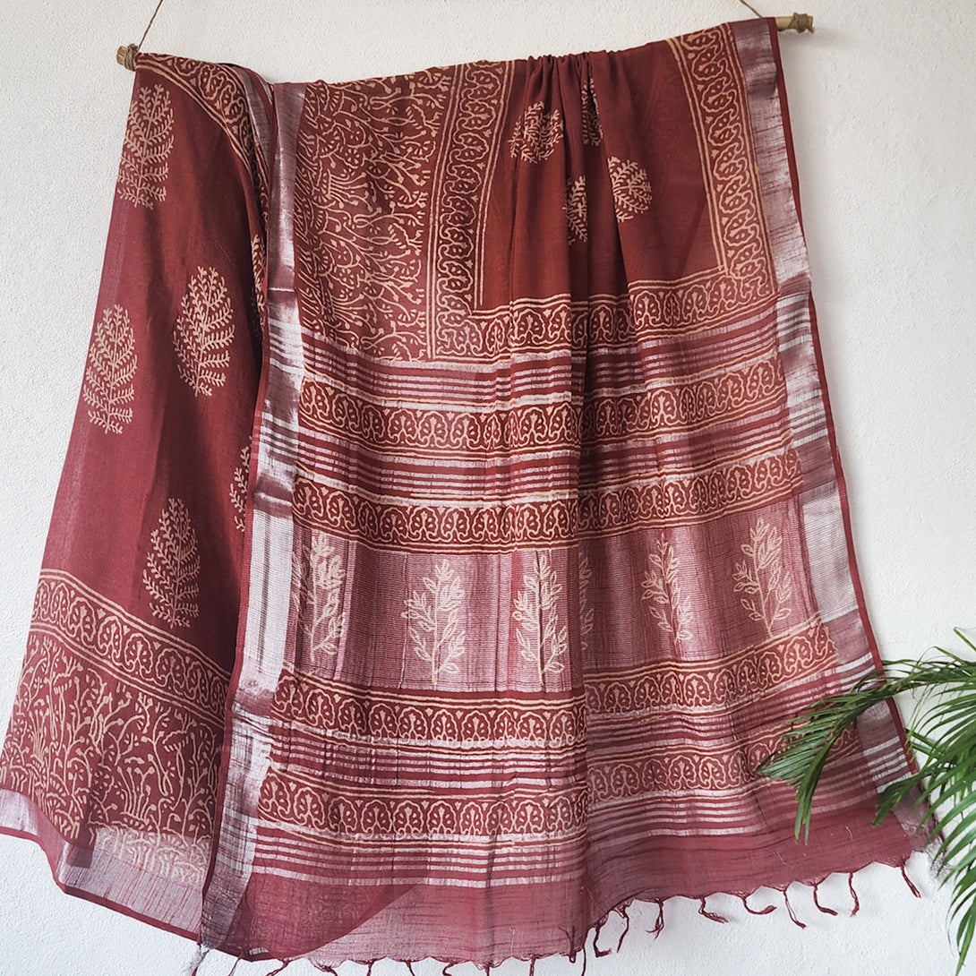 MAMTA-Pure Cotton Linen Dusty Red With silver Border Motif Flower Sare ...
