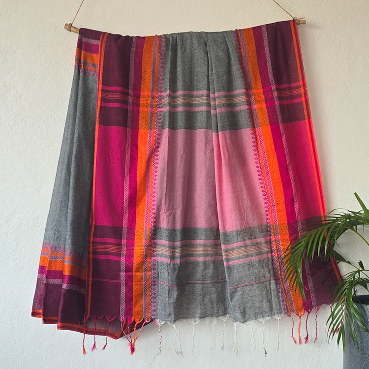 AAROHI- Pure Cotton Handloom Bangoli Design With Grey With Pink Border ...