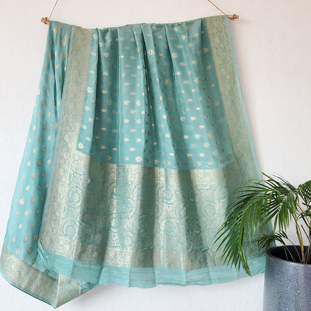 RASIYA -Banarasi Mint Sea Green With Zari Flower Motif Saree – Sanskruti