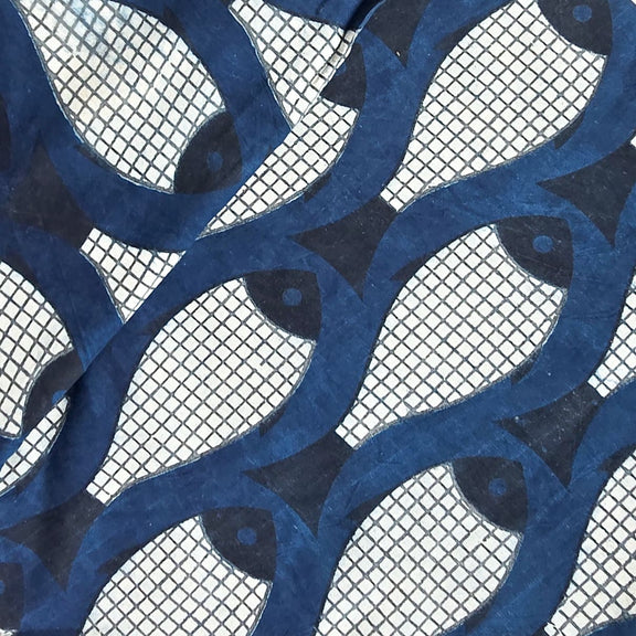 Pure Cotton Indigo With White Fish Motif Hand Block Print Fabric ...