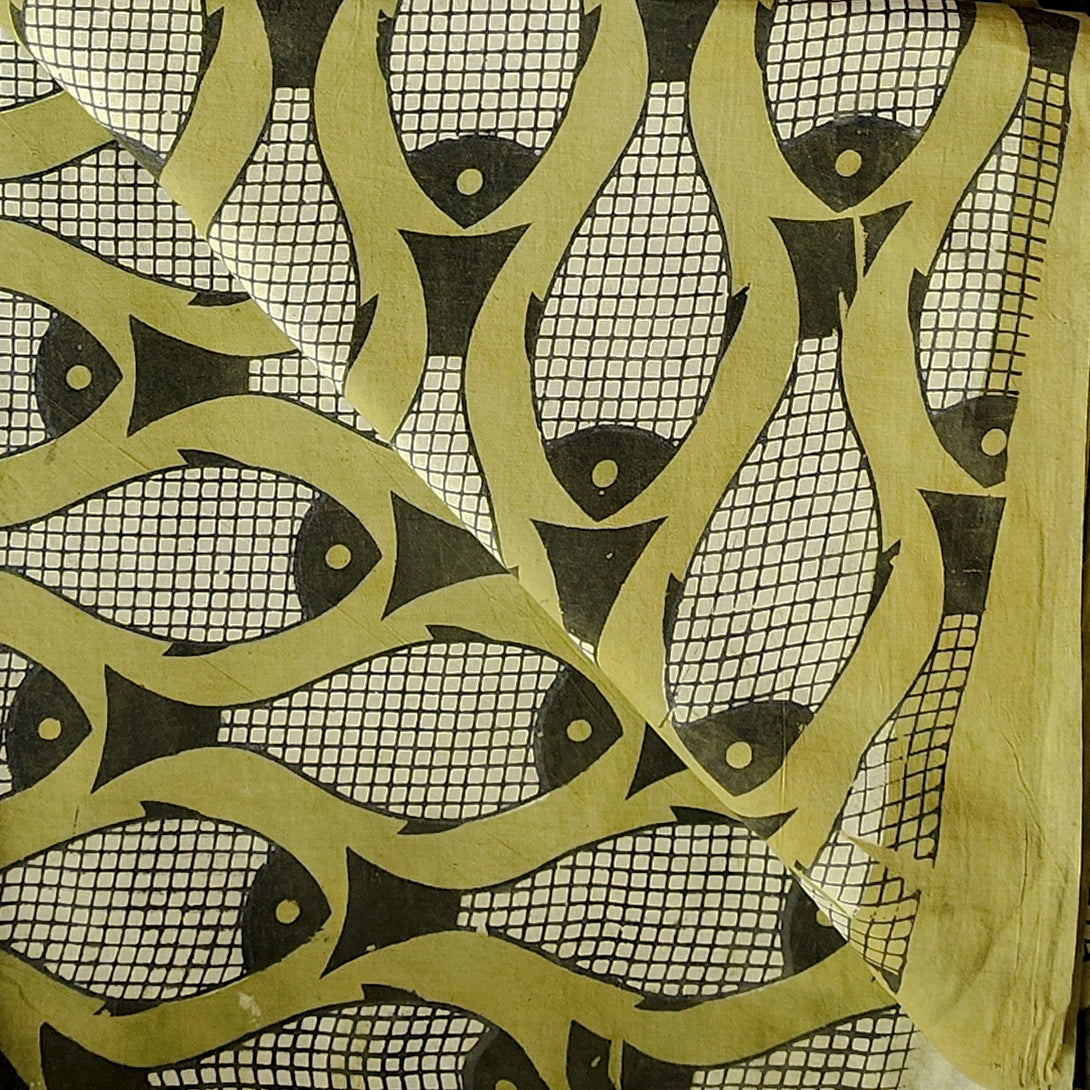 Pure Cotton Dabu Mehandi Green With Fish Motif Hand Block Print Fabric ...