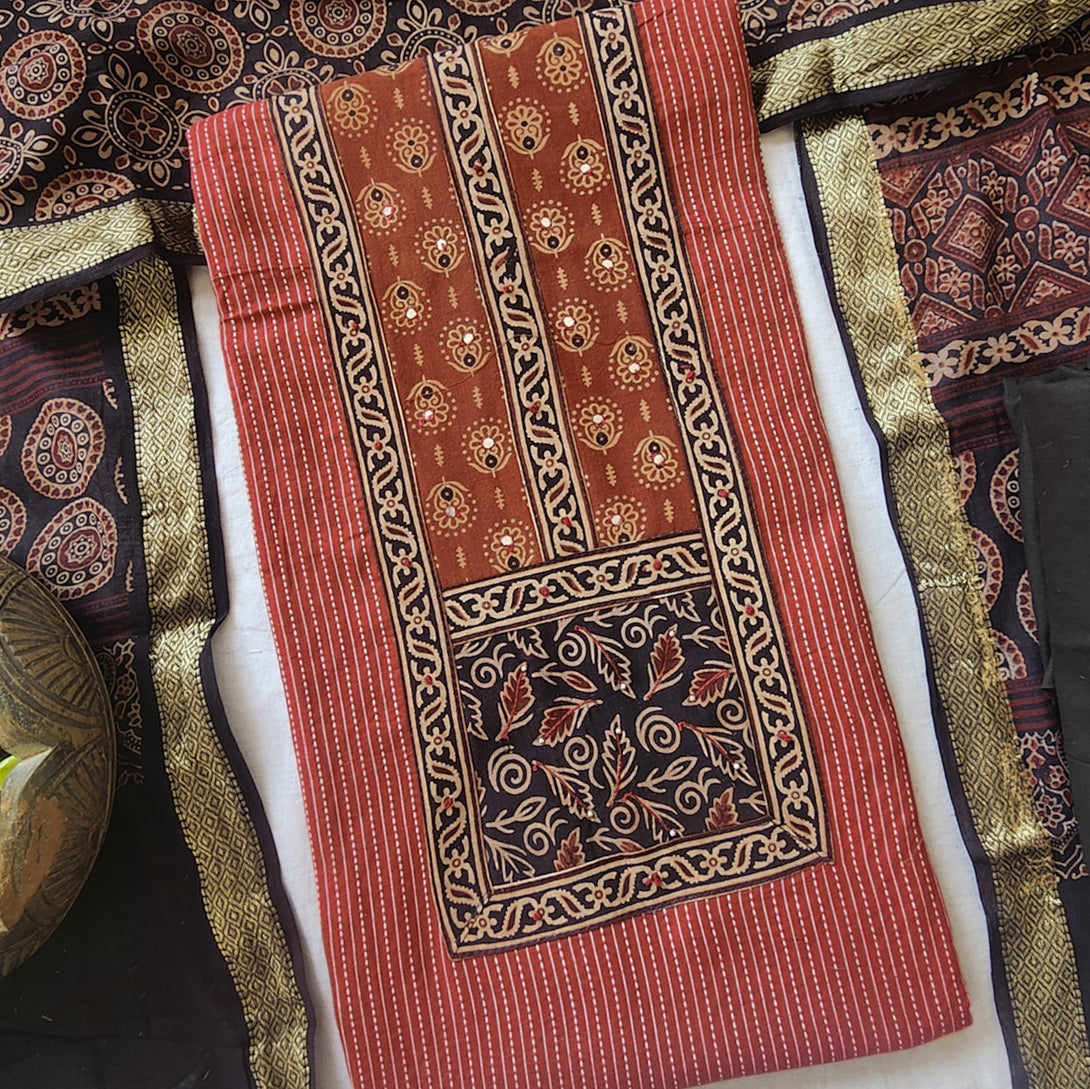RIDHI-Pure Cotton Katha Rust Red With Patch Work With Design Suit ...