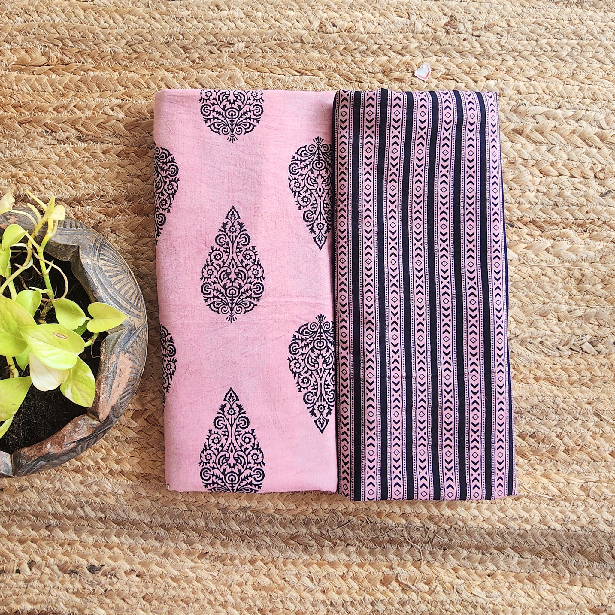 Top Bottom Combo Pure Cotton Dabu Dusky Pink With Black Hand Block Pri ...