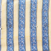 Pure Cotton Jaipuri Blue With Grey Flower Creeper And Yellow With White Stripes Hand Block Print Fabric