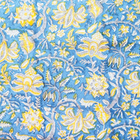 Pure Cotton Jaipuri Blue With Grey And Yellow Flower Jaal Hand Block Print Fabric