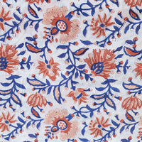 Pure Cotton Jaipuri White With Orange And Blue Flower Creeper Hand Block Print Fabric
