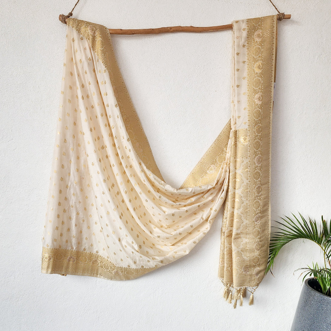 RASIYA -Banarasi White With golden Zari Flower Motif Saree – Sanskruti