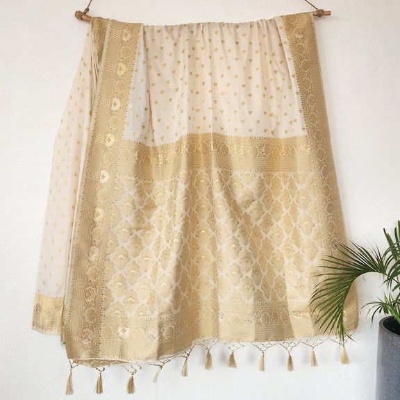 Home Rashiya RASIYA -Banarasi White With golden Zari Flower Motif Saree – Sanskruti