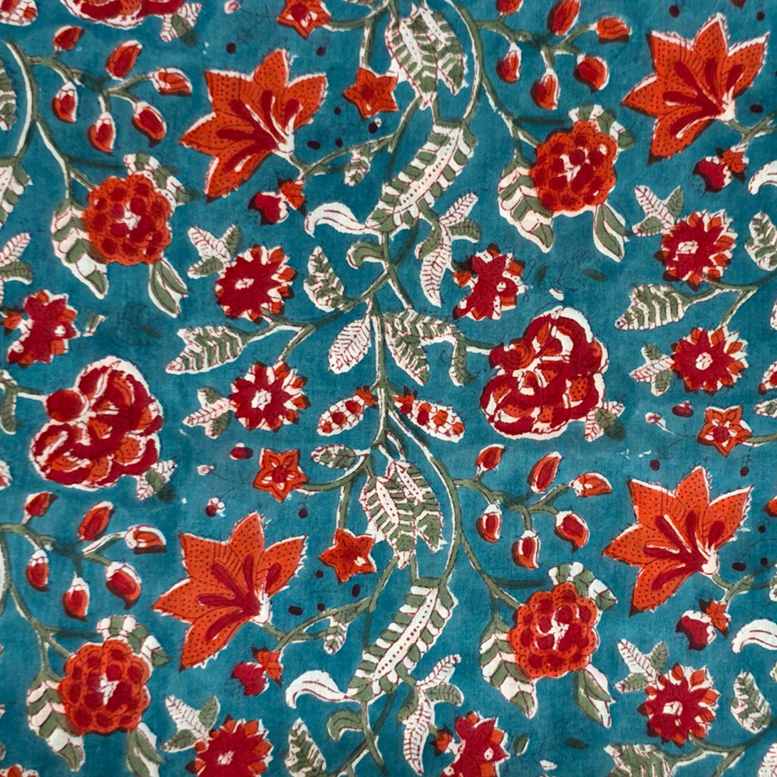 Pure Mul Cotton Jaipuri Blue With Red and Orange Flower Jaal Pattern H ...