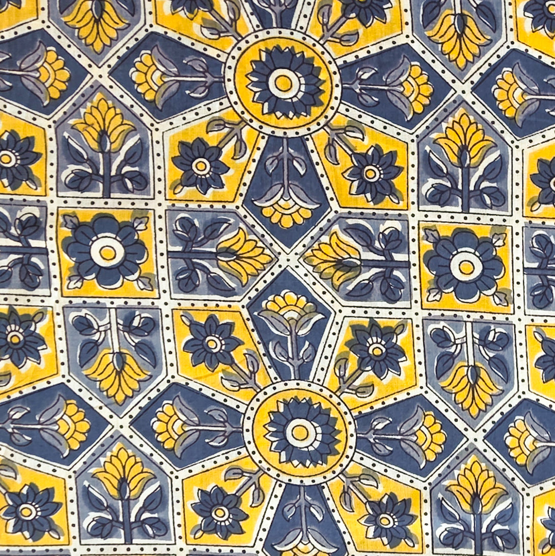 Pure Cotton Jaipuri Yellow With Blue Grey Intricate Flower Design Hand ...