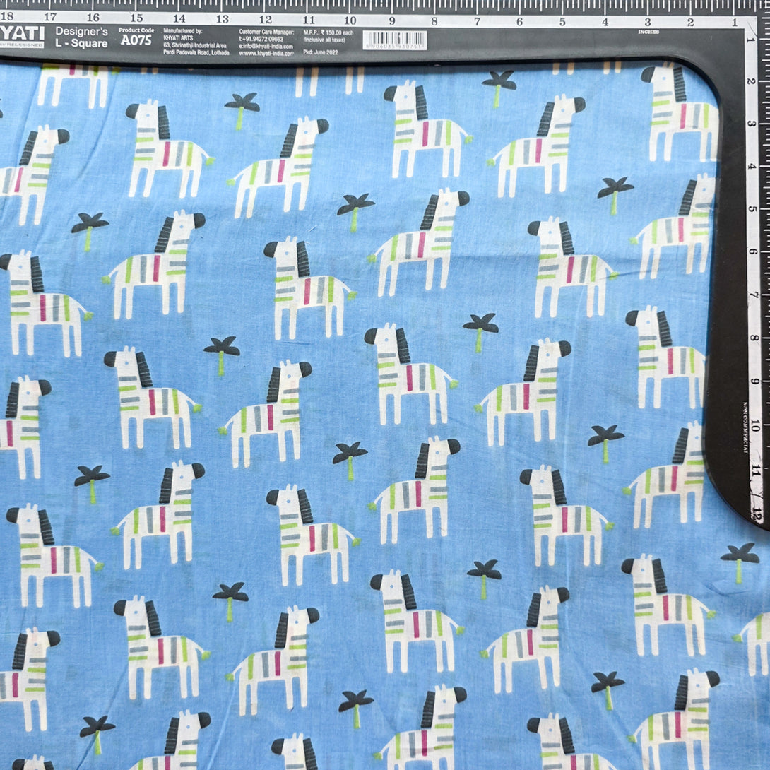 Pure Cotton Screen Print Blue With Zebras And Small Tree Motif Fabric ...