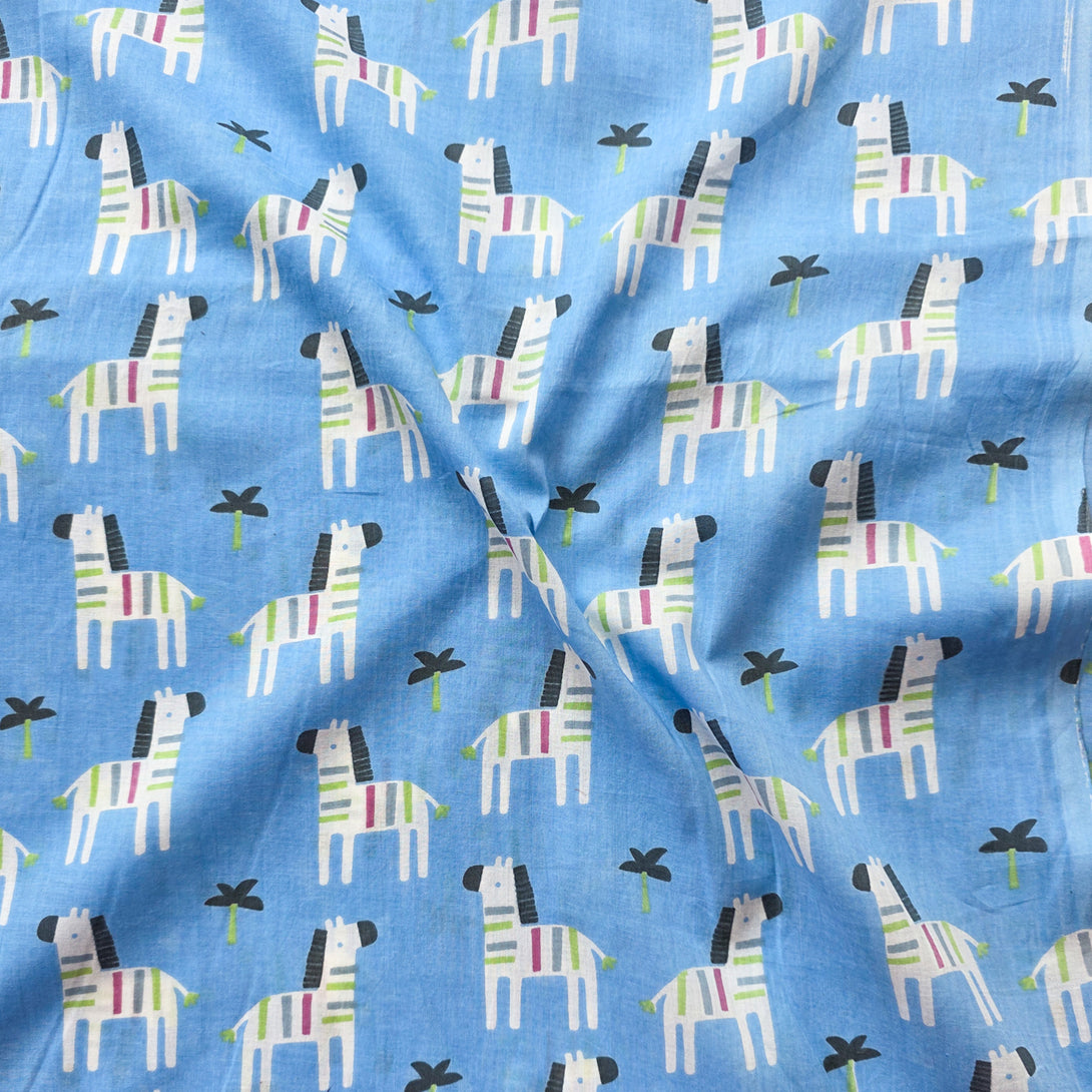 Pure Cotton Screen Print Blue With Zebras And Small Tree Motif Fabric ...
