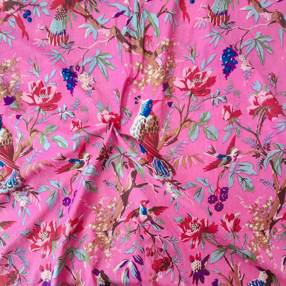 Pure Cotton Screen Print Pink With Flower Tree And Bird Fabric – Sanskruti
