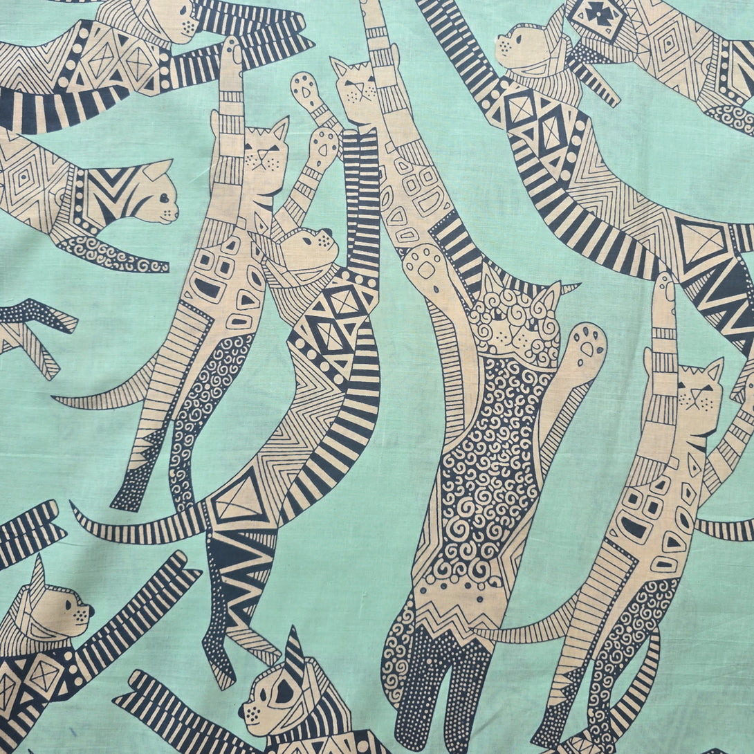 Pure Cotton Turquoise With Egyptian Cat Screen Print Fabric – Sanskruti