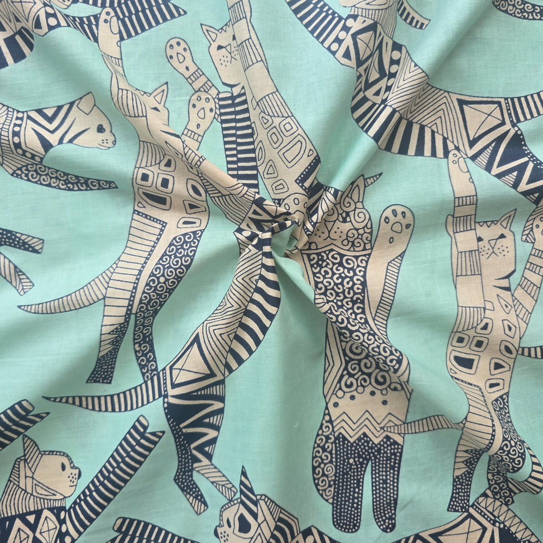 Pure Cotton Turquoise With Egyptian Cat Screen Print Fabric – Sanskruti