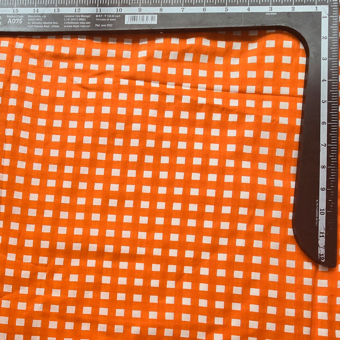 Pure Cotton Orange With White Checkered pattern Screen Print Fabric ...