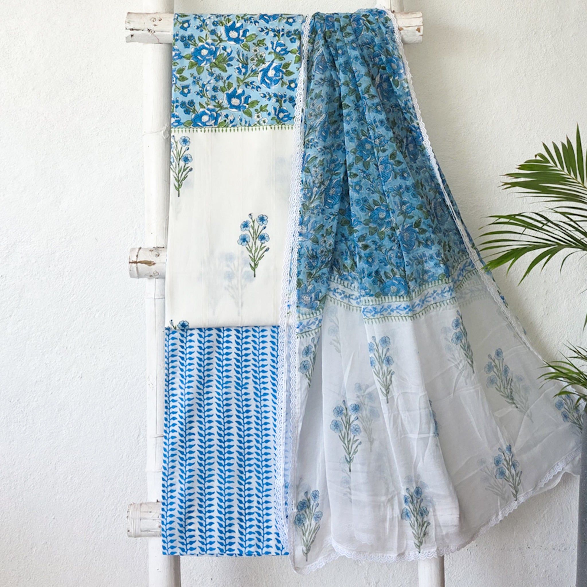 Ramiya- Pure Cotton White With Blue Flower Motif And Lace Dupata Suit ...