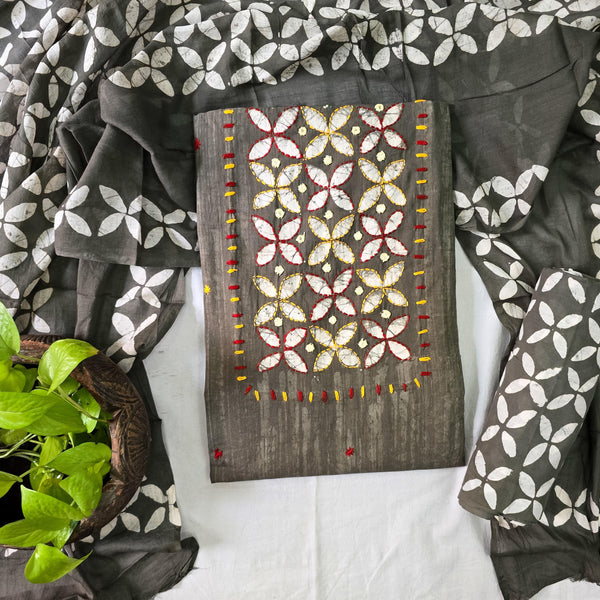AACHAL-Pure Cotton Batik Kashish With White Flower Yoke With Emboiderey Top And Kashish With White Flower Cotton Bottom And Cotton Dupatta