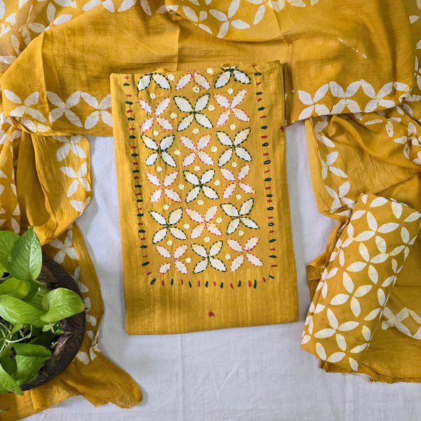 AACHAL-Pure Cotton Batik Mustard With White Flower Yoke With Emboiderey Top And Mustard With White Flower Cotton Bottom And Cotton Dupatta