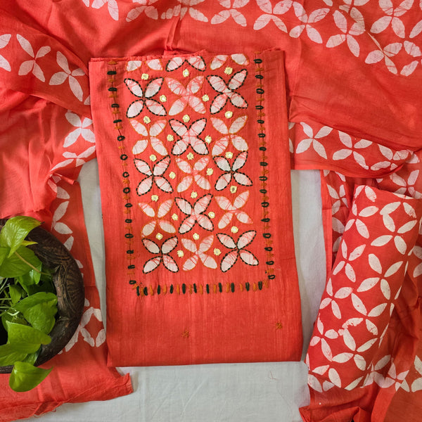 AACHAL-Pure Cotton Batik Orange With White Flower Yoke With Emboiderey Top And Orange With White Flower Cotton Bottom And Cotton Dupatta