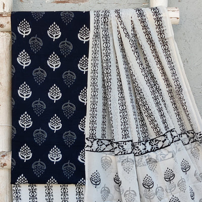 AACHAL- Pure Cotton Black With White Intricate Design Top And White With Black Border  Bottom And Cotton  Dupatta
