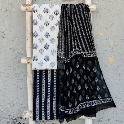 AACHAL- Pure Cotton Kaatha White With Black And Black And White Cotton Intricate Design Bottom And Chiffon Dupatta
