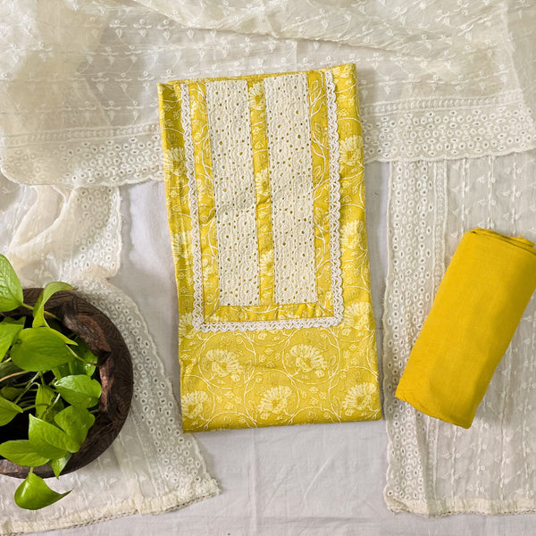 AACHAL-Pure Cotton Light Yellow With White Hakoba Design Top And Plain Yellow Bottom And Hakoba Dupatta