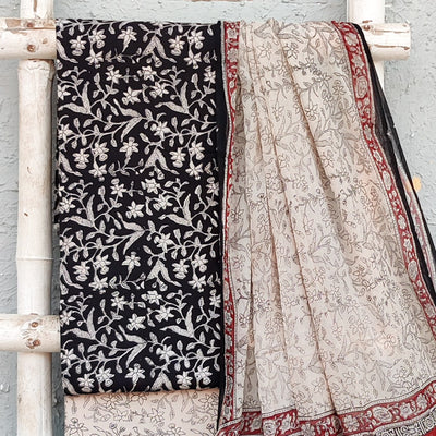 AADHYA-Modal Cotton Black With White Flower Jaal Top And White With Black Design Modal Bottom And Chiffion Dupatta