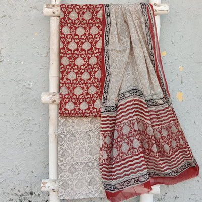 AADHYA-Modal Cotton Rust Red With White Flower Motif Top And White With Black Design Modal Bottom And Chiffion Dupatta
