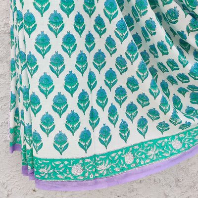 AADHYA-Pure Cotton Jaipuri White With Light Green With Blue Saree