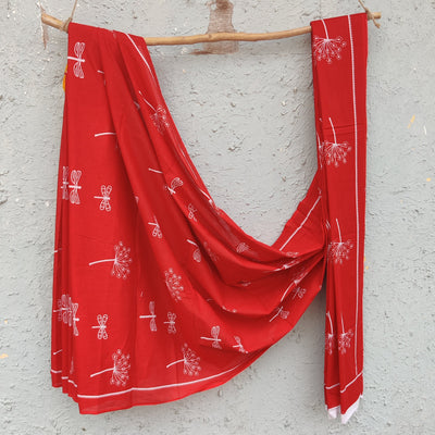 AADHYA-Pure Cotton Red With White Dragon Fly All Over Saree