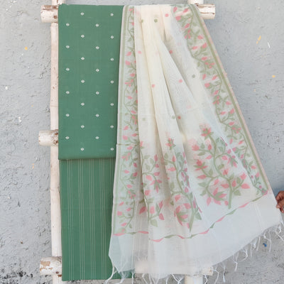 AAKASHI-Pure Cotton Handloom Green With White Diamond Design Top And Green With White  Stripes Bottom And Chanderi Jamdani Dupatta