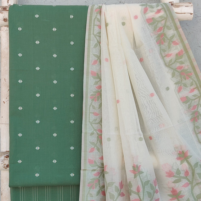 AAKASHI-Pure Cotton Handloom Green With White Diamond Design Top And Green With White  Stripes Bottom And Chanderi Jamdani Dupatta