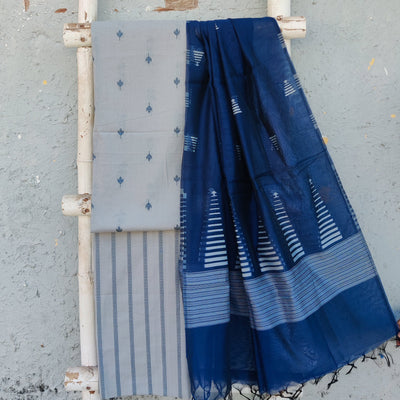 TANISHKA-Pure Cotton Handloom Grey With Blue Intricate Design Top And Grey Blue Stripes Bottom  And Cotton Jamdani Dupatta